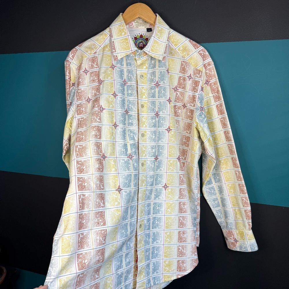 Robert Grahams Men’s Aztec Button Up Shirt Embroidered sz L Flip Cuff Multicolor